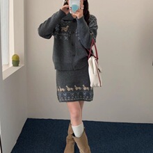 复古提花费尔岛毛衣套装女秋冬新款港味chic慵懒上衣半身裙两件套