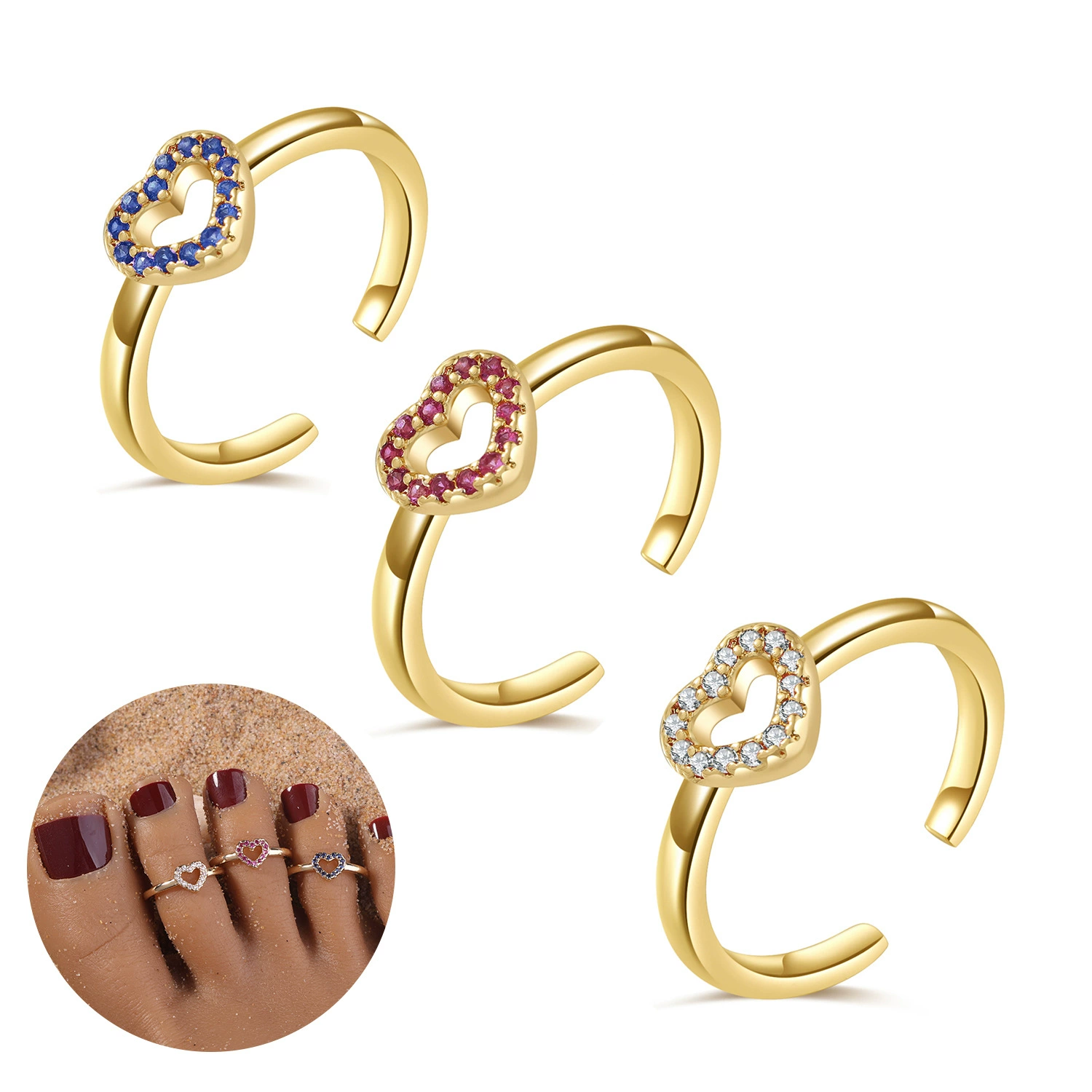 Покрытие медью 18-каратное золотое кольцо для ног циркона любовь розовый синий белый циркон женский летний пляж ювелирные изделия