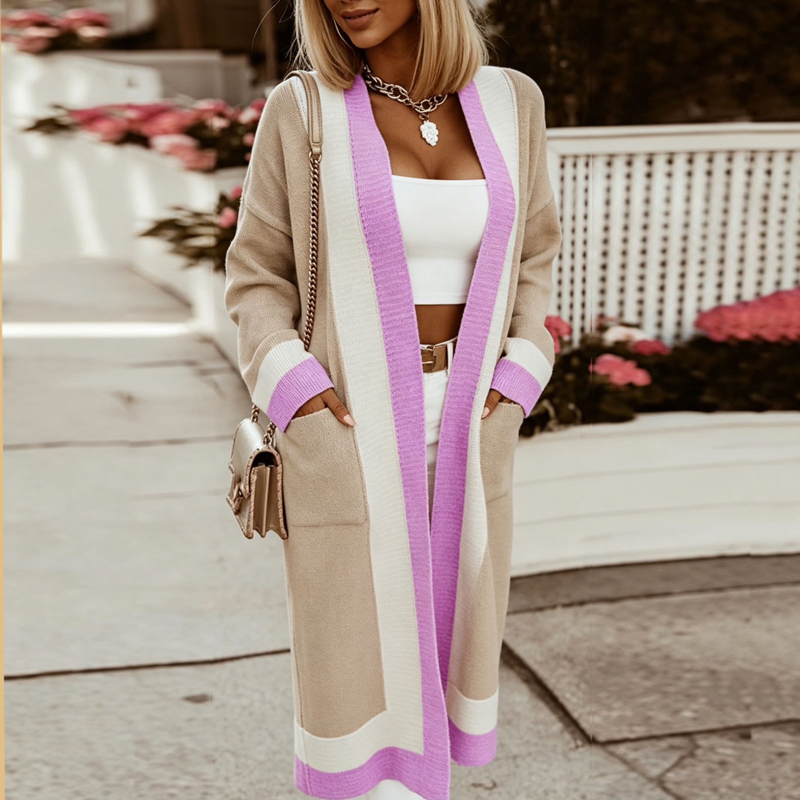 Autumn and winter European and American long sweater jackets for women, color matching, simple, elegant, loose, casual, long cardigans for women, knitted sweaters