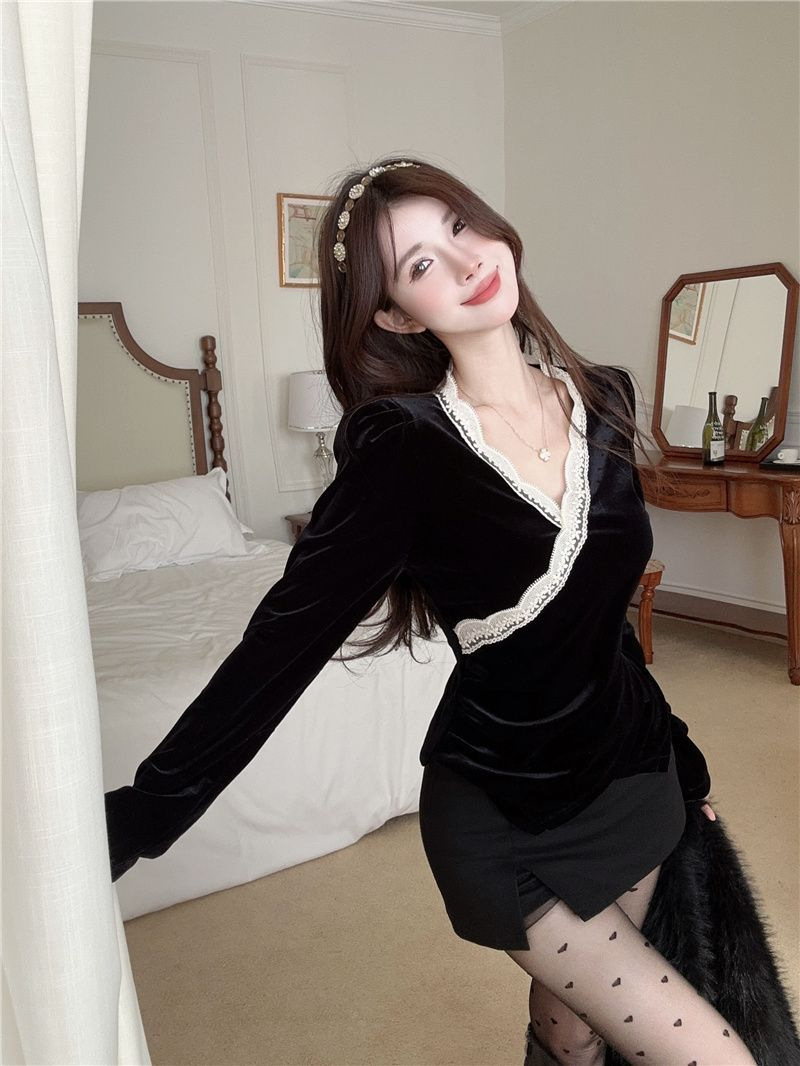 Velvet demi-season retro warm shirt