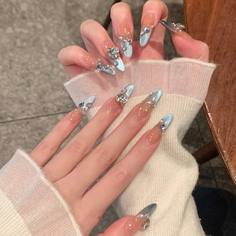 2025 nueva armadura de vestir azul ojo de gato azul marino estilo francés con uñas postizas de diamantes, uñas de vestir terminadas extraíbles