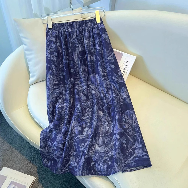 Tencel Linen Skirt Floral Umbrella Skirt Women's Summer Thin 2025 New Style Huge Beautiful Printed Cotton and Linen A-Line Skirt