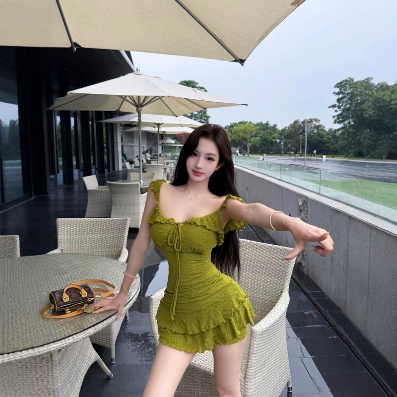 【Fart Shp】Matcha Forest Ruffled Lace Suspender Dress with Safety Shorts for Women, Spring/Summer A-line Dress 【Fart Shp】Matcha Forest Ruffled Lace Suspender Dress with Safety Shorts for Women, Spring/Summer A-line Dress