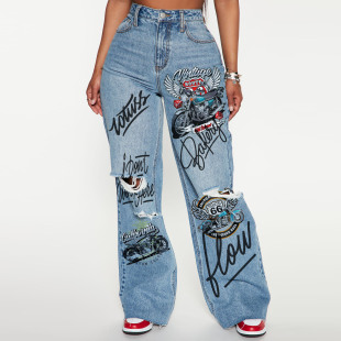 2024 Cross-border Autumn and Winter New European and American Wear Design Jeans High Waist Fashion Pants Women's jeans3671
