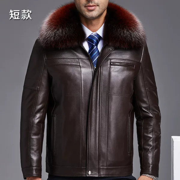 Wholesale Men's Leather Jackets with Mink Fur Lining and Fox Fur Collar, Warm Mid-Length Style for Middle-Aged Dads
