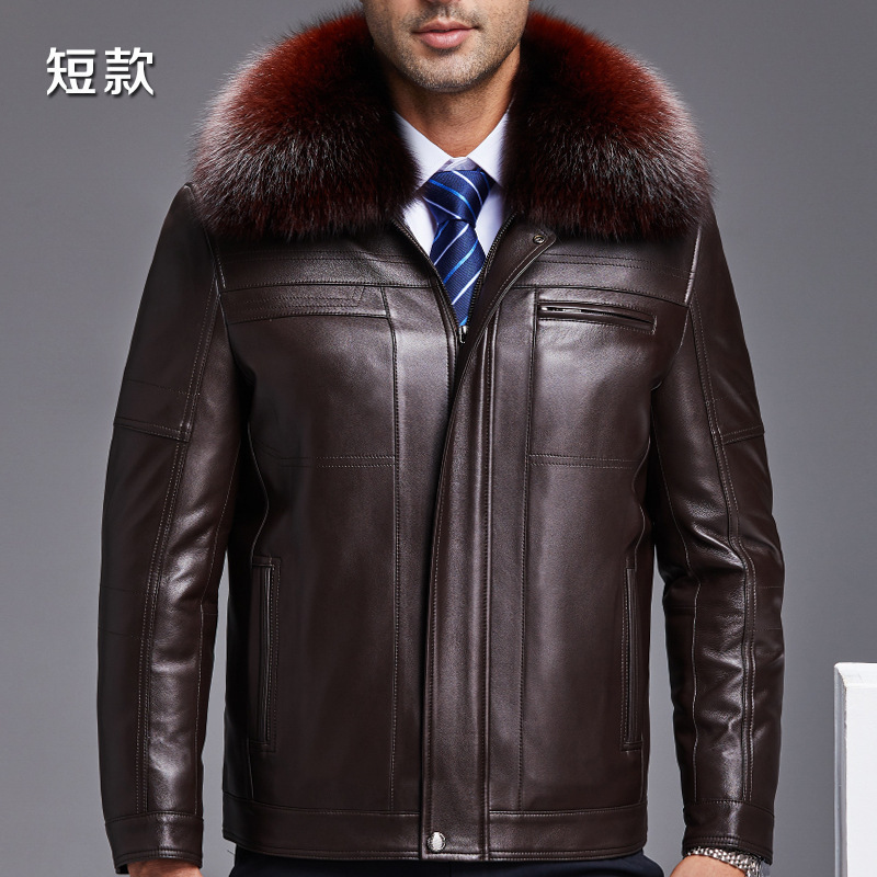 Wholesale Men's Leather Jackets with Mink Fur Lining and Fox Fur Collar, Warm Mid-Length Style for Middle-Aged Dads
