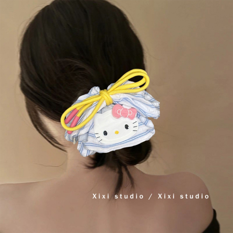 韓国 KT 猫リボンヘアロープさわやかなブルーストライプ大ヘアリングヘッドロープボールヘアバンド|undefined