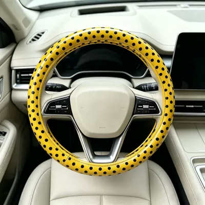 Steering wheel cover | Dot Anti-Slip Wear-Resistant Retro - pu-leather-yellow-bottom-black-polka-dots-universal-style-38cm