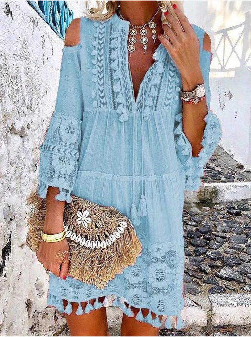 Women's Boho Dress Ethnic Style V Neck Tassel Hollow Out 3/4 Length Sleeve Solid Color Above Knee Travel display picture 7