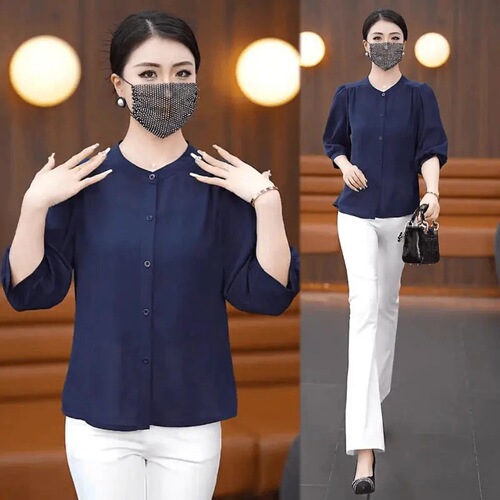 2025 spring and summer thin style fashionable mid-sleeve ice silk top, fat girl loose belly cover large size Western-style small shirt, middle-aged