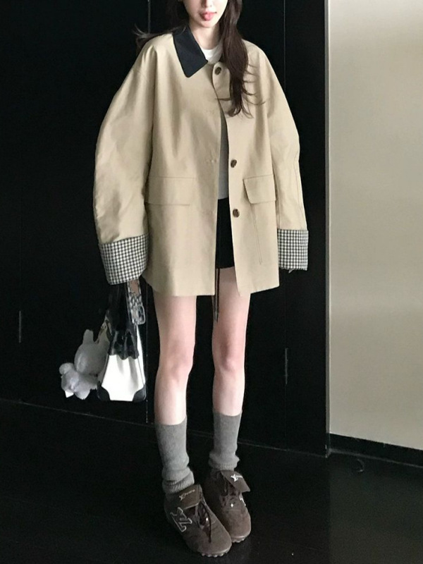 Skk Stoe 高智巴恩风 卡其色风衣撞色格纹拼接短款宽松外套女秋|undefined