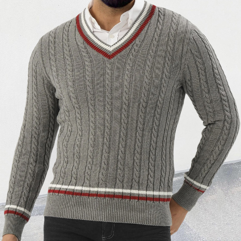 Pull à col en V et manches longues pour homme, couleur assortie, pull slim en tricot_voghion.com
