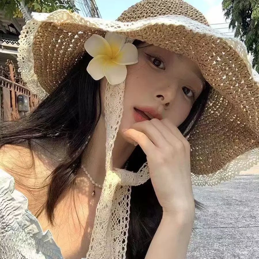 ins草帽海边帽子系带草编帽女夏出游防晒沙滩太阳帽蕾丝边遮阳帽