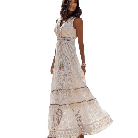2023 Summer Bohemian Long Cross-Border Independent Station Hot-Selling Women's Lace Patchwork Flared Dress_voghion.com
