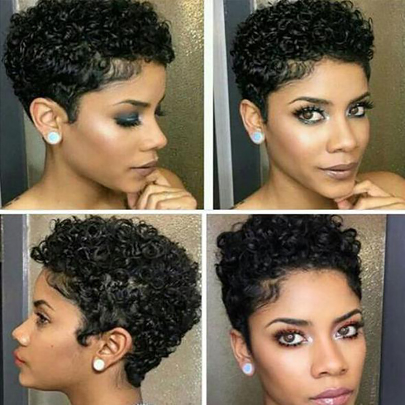 アフリカのかつら女性のための小さな巻き毛ヘッドギア黒ショートカーリーヘア偽ヘッドギアかつらローズネット高温シルクかつら|undefined