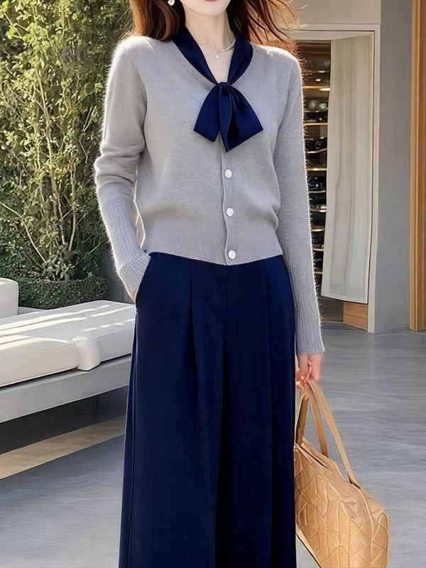 时尚复古绝美蓝色蝴蝶结长袖针织衫女秋冬新款阔腿裤子两件套装|undefined
