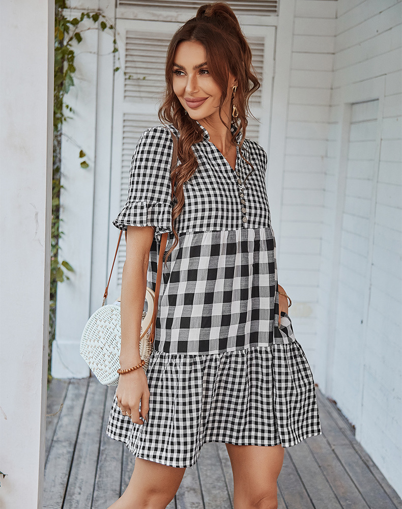 Button Plaid Short Sleeve V Neck Stitching Dress NSDY114679