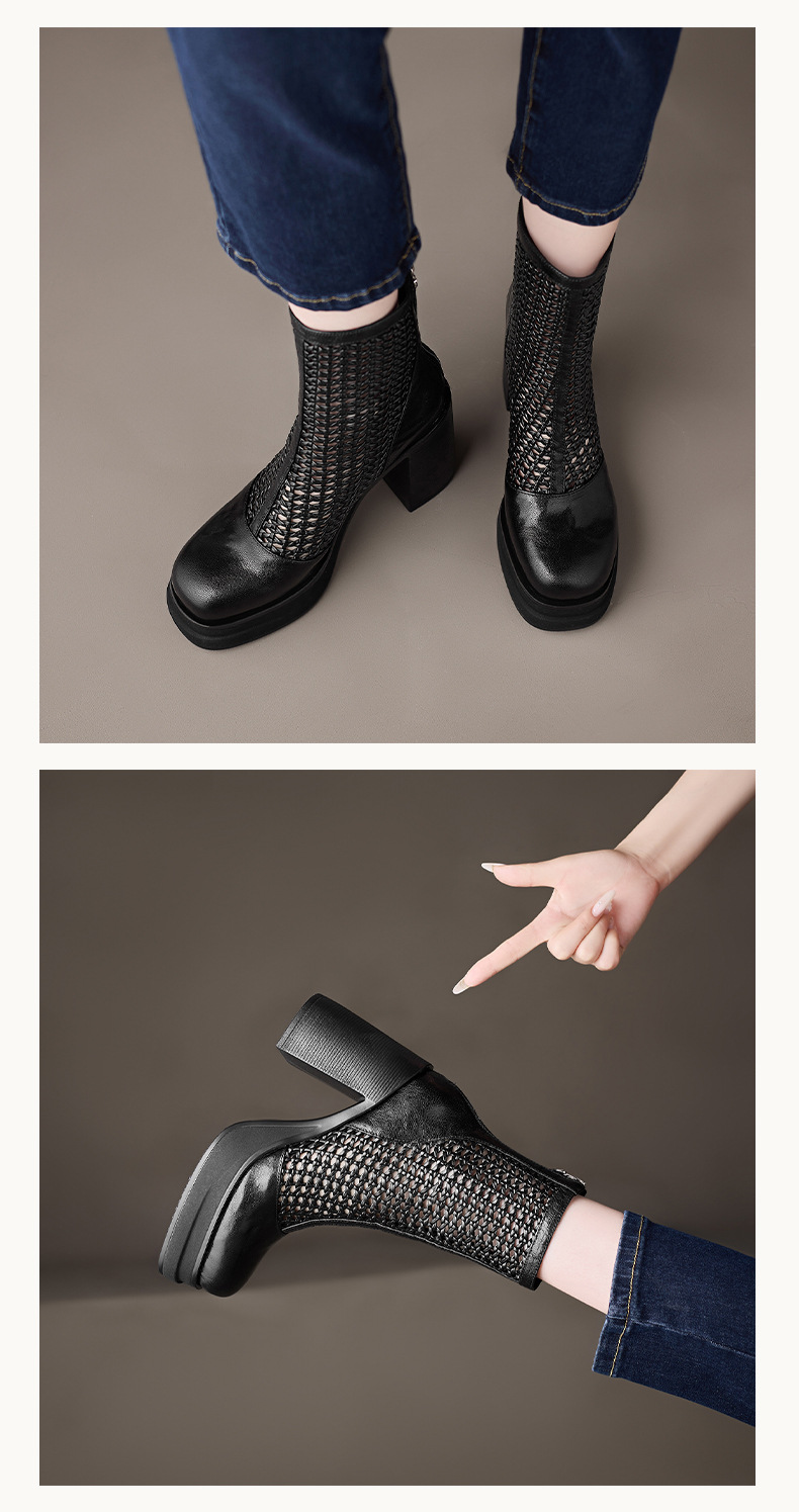 Boot lưới nữ da thật cổ thấp gót vuông 9 cm đi hè — màu đen, màu trắng ngà chi tiết 7
