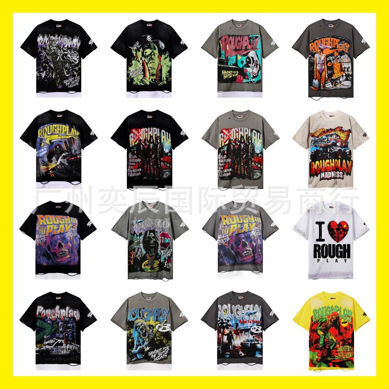 Rough Play American Graphic Oversized Korean Gothic T-Shirt Couple Retro New Sweatshirts Loose Short Sleeve