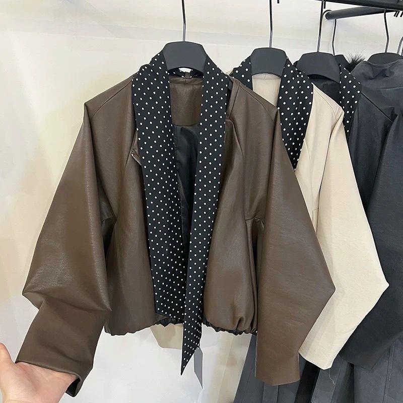 Korean Style Bat-Sleeved Leather Jacket for Women, New Autumn Clothing 2025, Casual Elegant Jacket with Silk Scarf Top