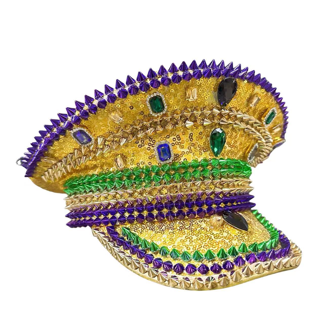 Sombrero azul marino con incrustaciones de diamantes, boina estilo punk, sombrero y2k, sombrero de marinero para mujer con ambiente otoñal e invernal, sombrero dorado para clima frío