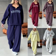 欧美 跨境 女装2025新款时尚休闲套装印花长袖卫衣拉链长裤两件套