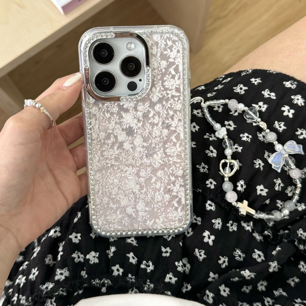 Girl ins base pequeña floral para iPhone16ProMax taladro lateral 14 Apple 15Pro cadena 13 nuevo 16