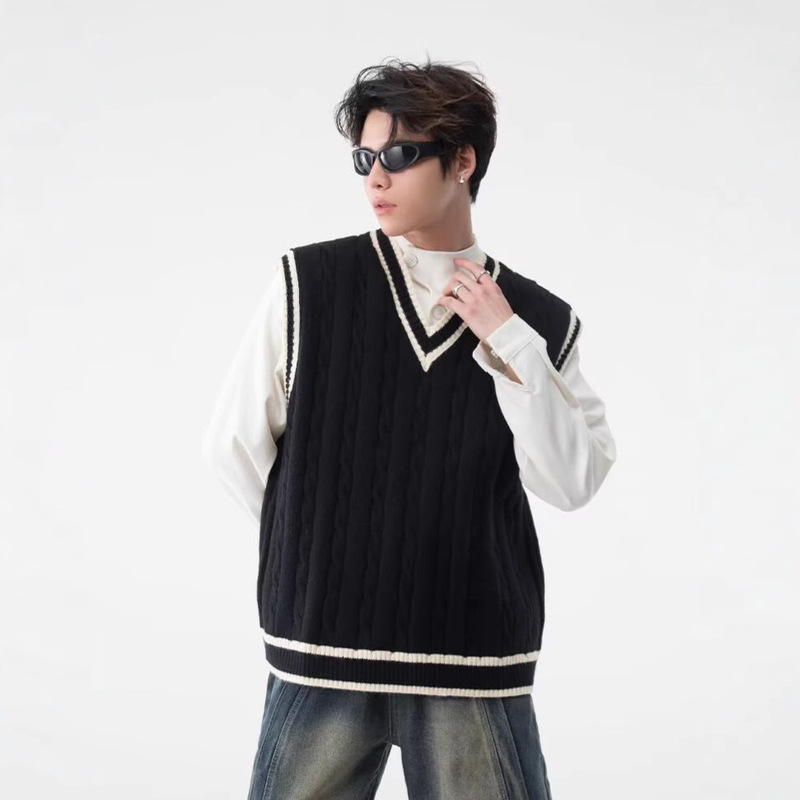 Academy Style V-Neck Knitted Vest Men's Autumn and Winter American Style Retro Loose Sleeveless Sweater Vest Pullover Waistcoat