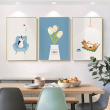 新款简约沙发背景墙画童彩壁画小清新三联动物花卉挂画客厅装饰画