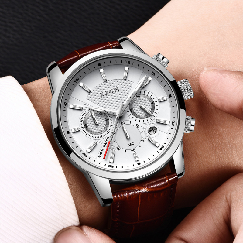 Cross-Border Popular Lig Fashion Business High-End Belt Watch Large Dial Men's Three-Eye Six-Pin Quartz Watch