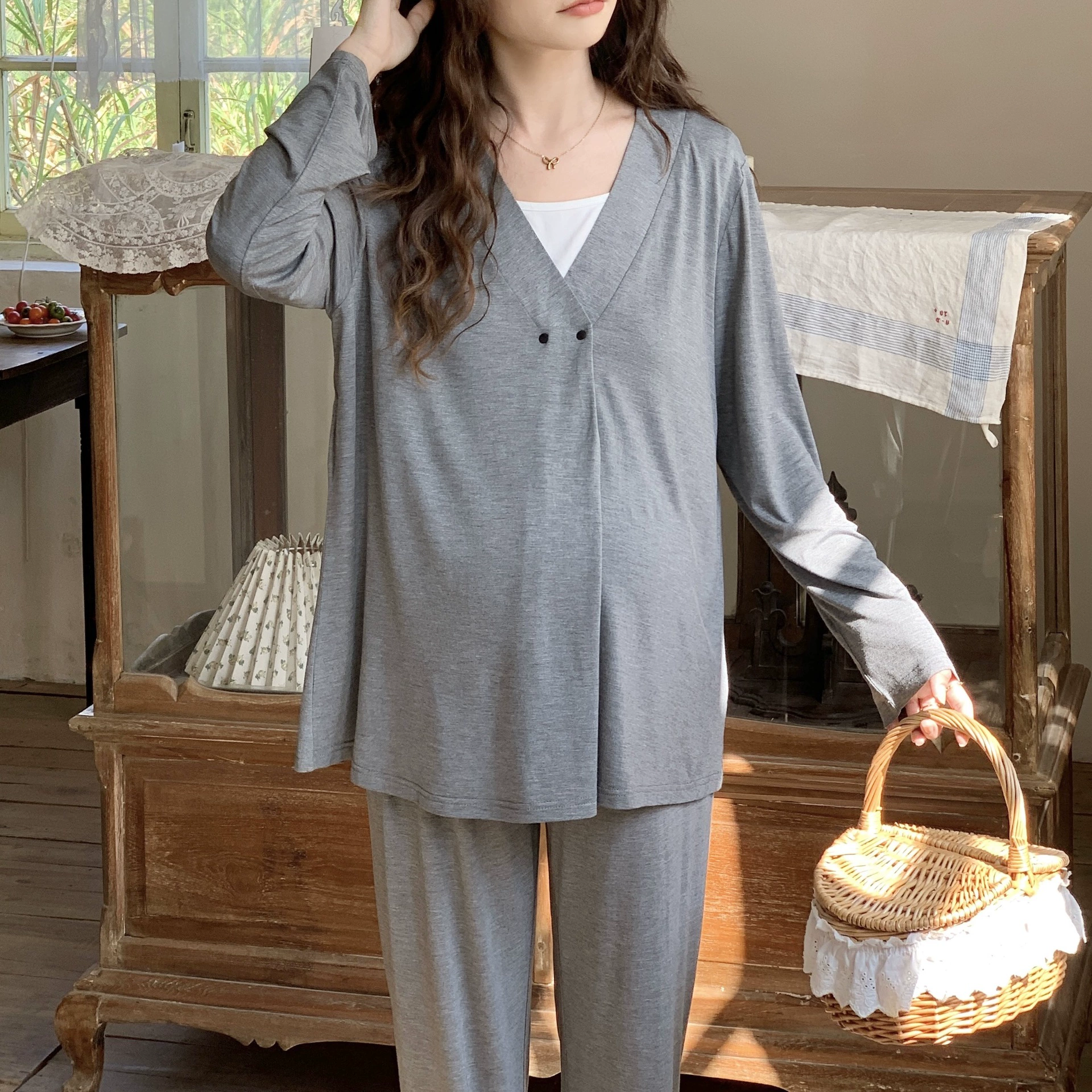 [В наличии 6336 штук с нагрудником] Пижамы для беременных из модала, весенне-осенние, для кормления после родов, летние домашние костюмы.