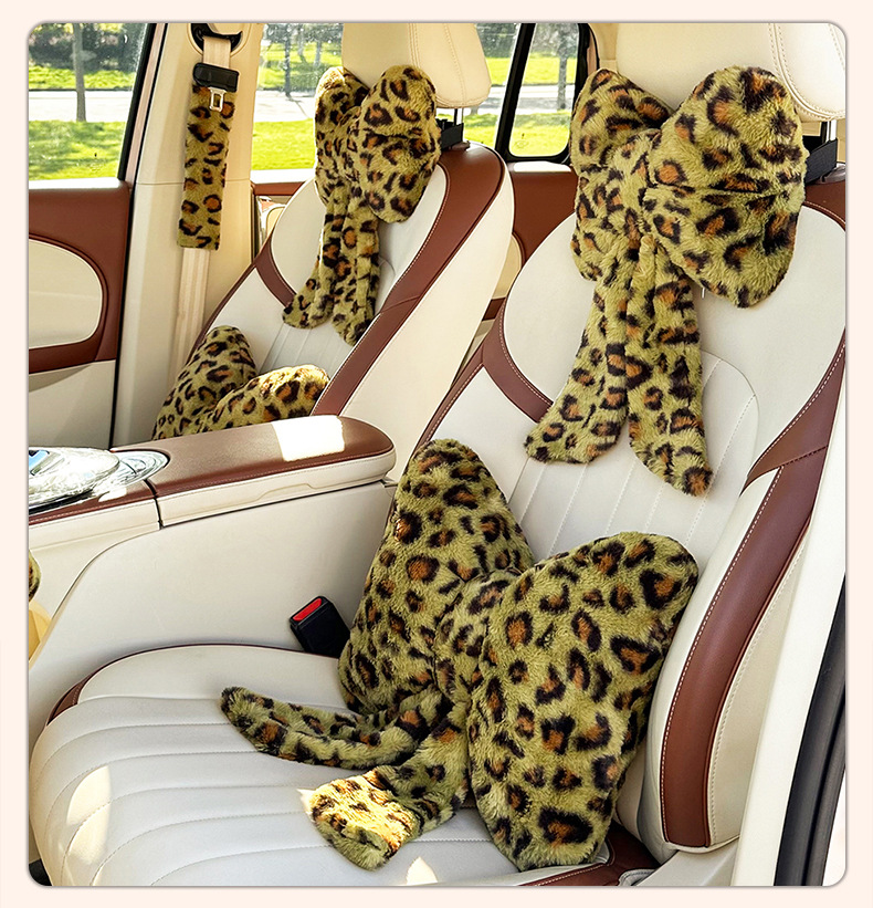 Cross-Border Car Headrest Neck Pillow Winter Car Plush Soft Leopard Print Cushion Car Interior Lumbar Support