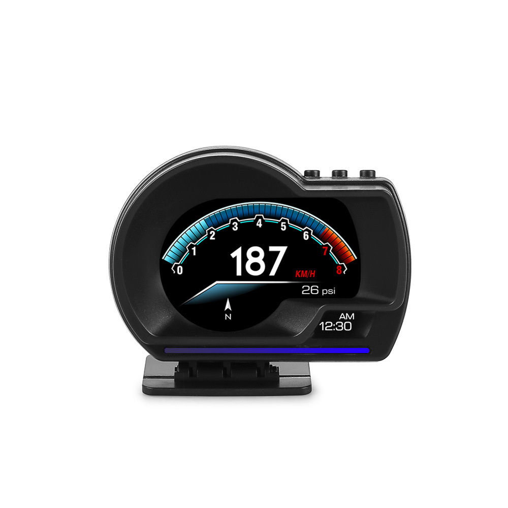 Full LCD screen OBD2 multi-function head-up display with water temperature, exhaust temperature, turbo intake speed, oil temperature, speedometer, and GPS