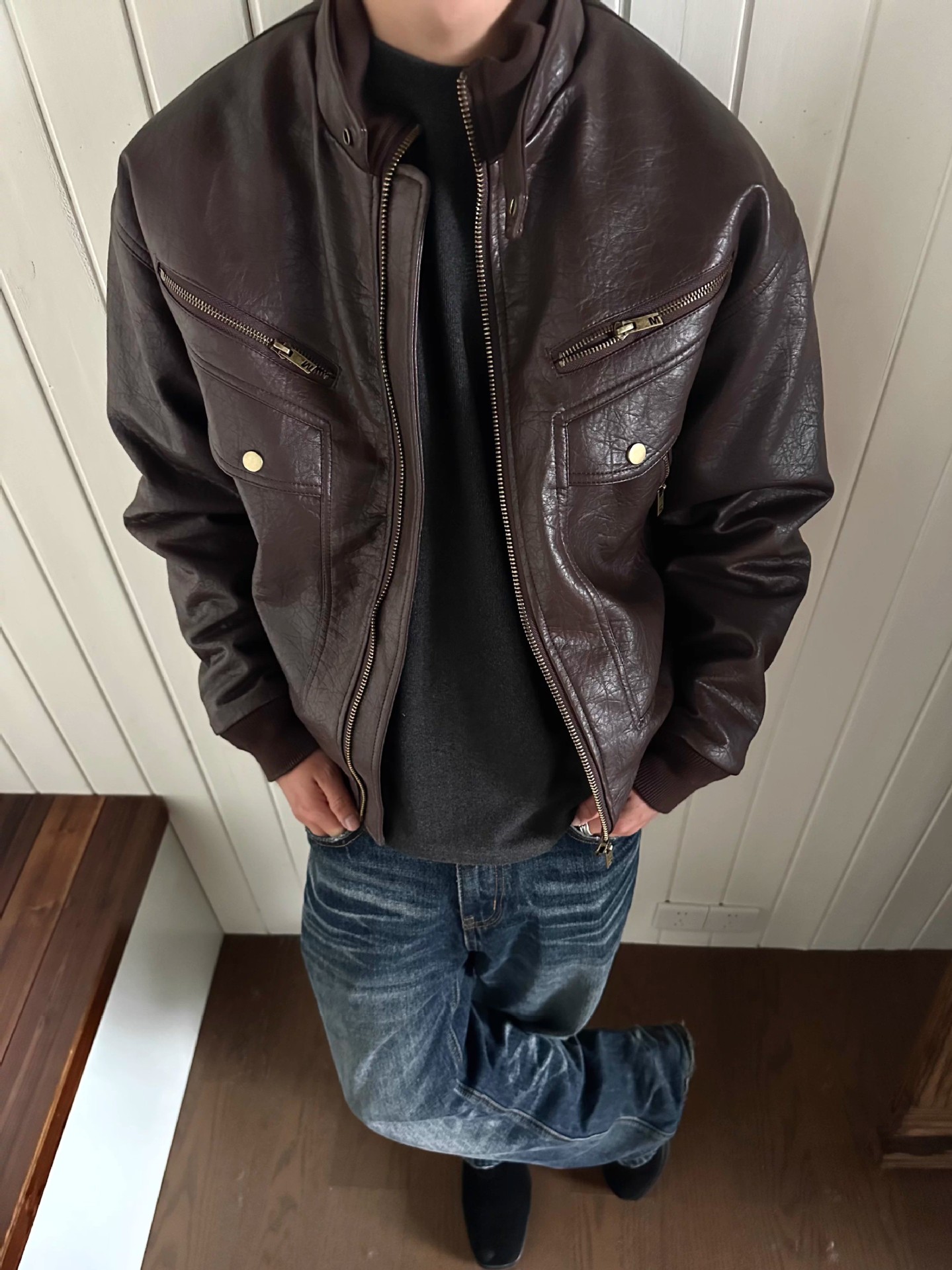 Men's Retro Leather Motorcycle Jacket With Multi Pockets Black_voghion.com