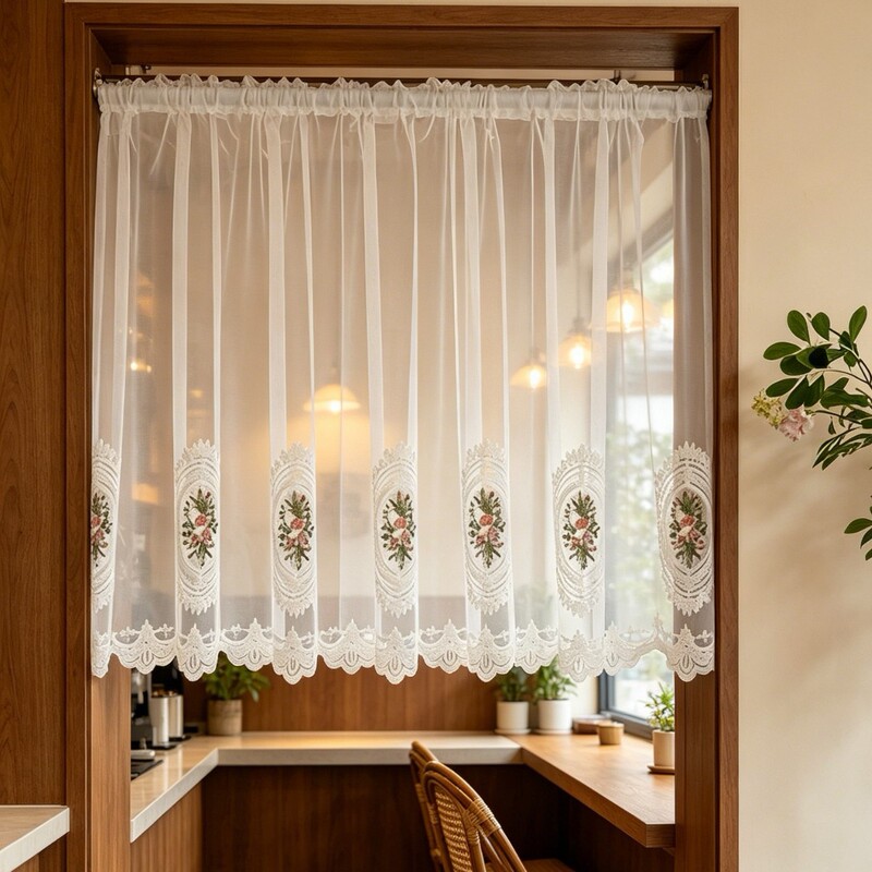 French-style sheer curtain with a hazy, light-transmitting effect, short white sheer curtain with embroidered flowers and lace trim, decorative short curtain French-style sheer curtain with a hazy, light-transmitting effect, short white sheer curtain with embroidered flowers and lace trim, decorative short curtain