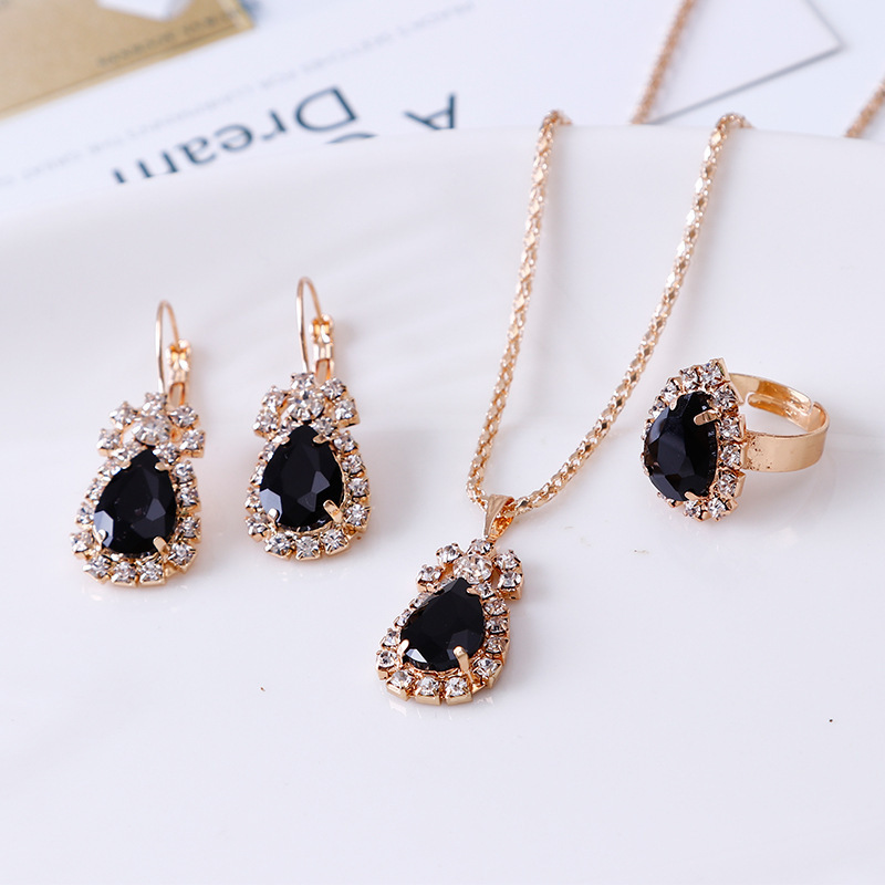 European And American Fashion Water Drop Rhinestone Necklace Earrings Ring Set display picture 5
