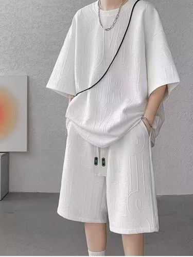 Heavy short-sleeved casual sports suit for men, thin summer wear, loose quarter pants, two-piece waffle suit