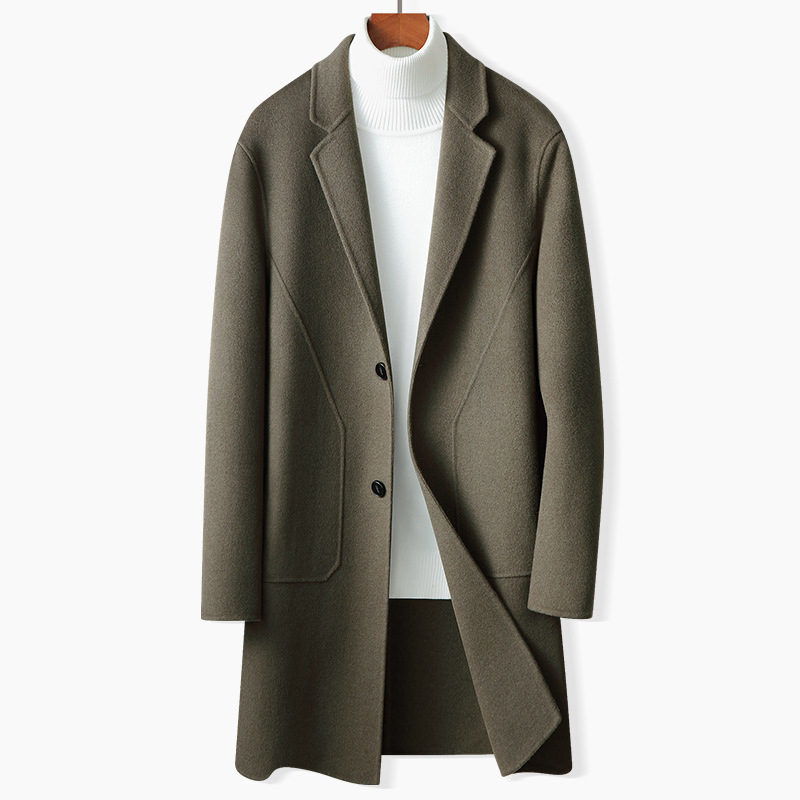 Abrigo de los hombres 2023 primavera y otoño hecho a mano abrigo de lana de doble cara para personas jóvenes y de mediana edad de color sólido casual abrigo de lana de longitud media