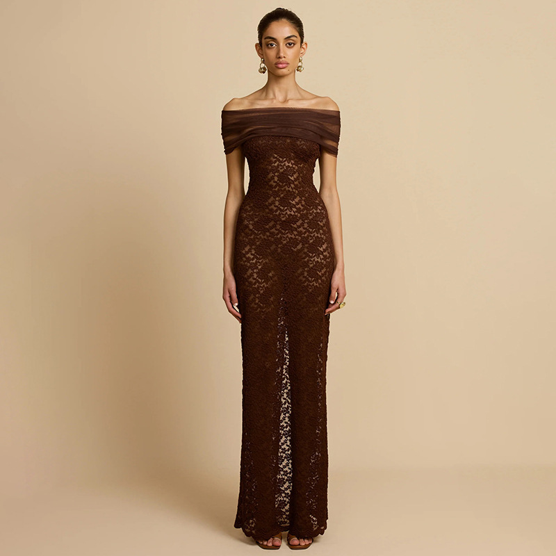 Transfronterizos Europa y América ropa de mujer otoño nuevo hombro perspectiva de encaje sexy tenedor delgado vestido de cadera para mujeres image 7
