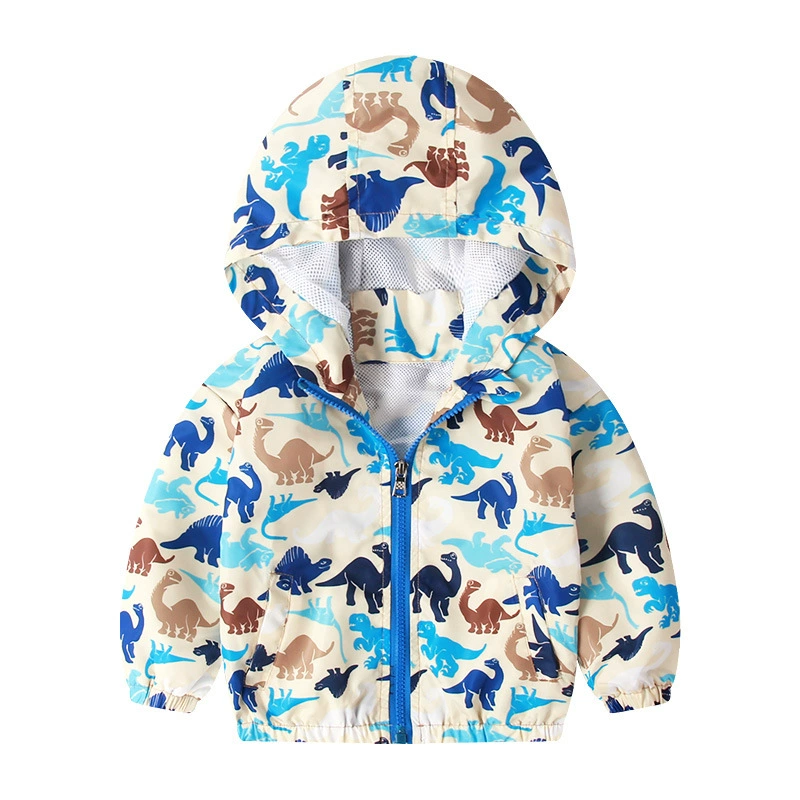 Children's Hooded Jacket Dinosaur Print, European Style, Zippered Windbreaker, Sizes 90–130