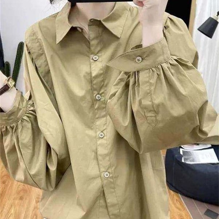Stylish solid-color polo-neck lantern-sleeve shirt for women, perfect for spring and autumn, with a loose fit that slims the figure, offering a chic and versatile casual look