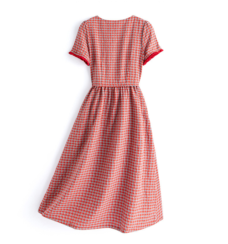 Đầm maxi nữ thắt eo cổ tròn họa tiết kẻ caro vintage — Màu ảnh chi tiết 17
