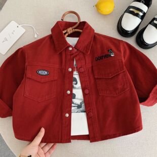 Children's red autumn jacket, solid color fashionable cardigan for boys, western style
