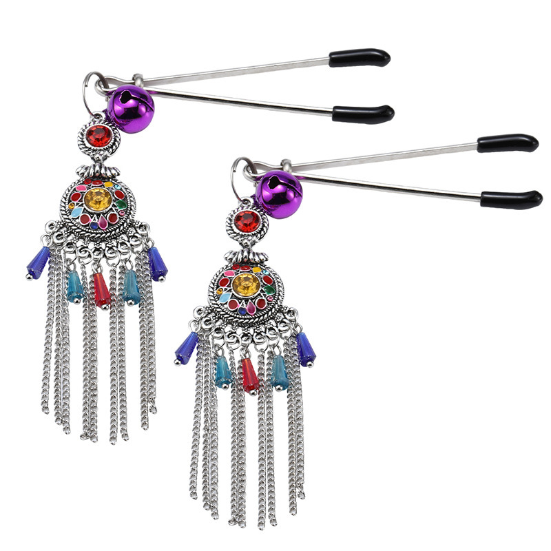 Vintage Metal Nipple Clamps with Feather Tassels, Bohemian Style Pair — detail image 13