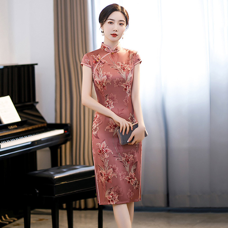 傳統國風中長款改良旗袍2025新款女復古修身短袖日常可穿走秀款