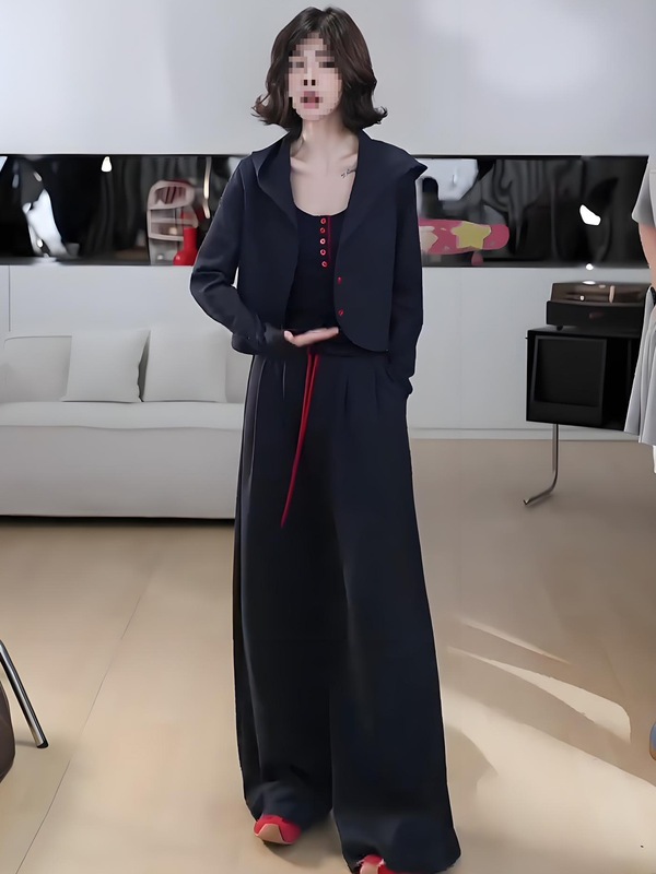 慵懒风时尚套装女秋装爆款简约连帽外套搭配吊带背心阔腿裤三件套|undefined
