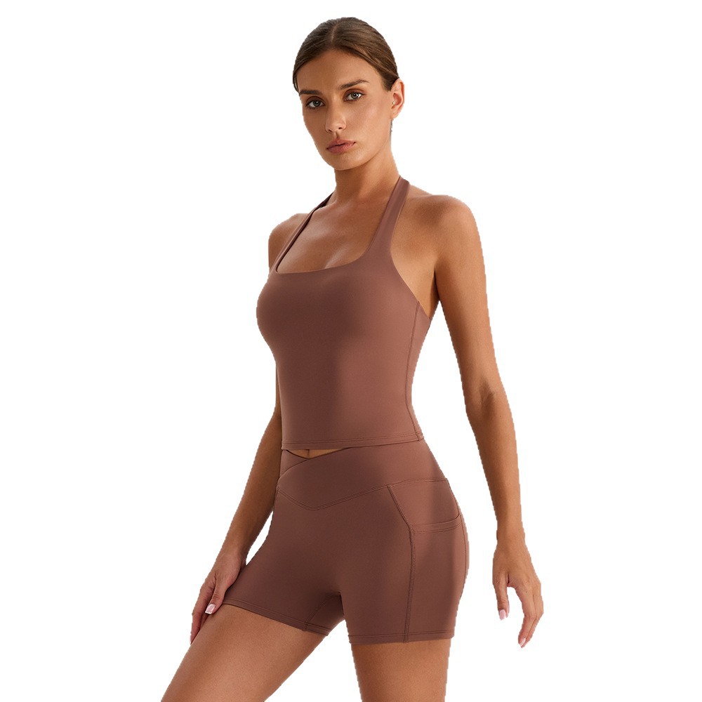 Transfronterizo rápido secado cuello colgante bra deportivo bolsillo exterior pantalones cortos de yoga de dos piezas conjunto antichoque reunido chaleco de fitness