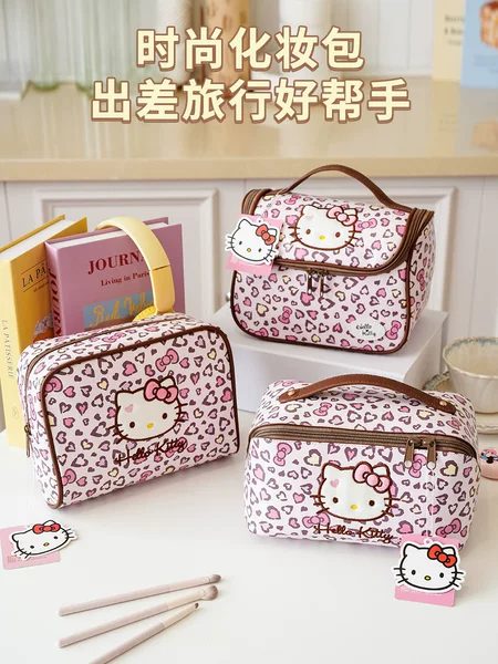 New Hellokitty Genuine Leopard Print Makeup Bag, Large Capacity Storage Bag, High-Looking Portable Travel Handbag
