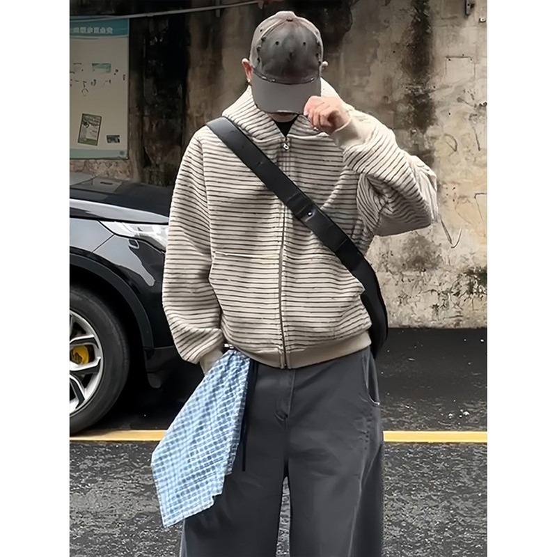 2025新款美式复古条纹拉链开衫连帽卫衣男女宽松休闲百搭情侣外套|undefined