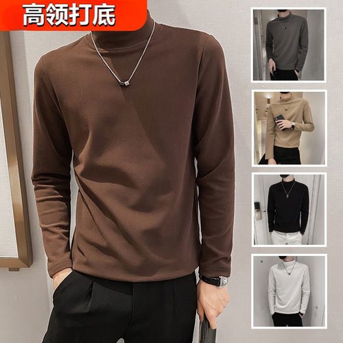 Men's half-high collar basic t-shirt, men's thermal lining, padded long-sleeved T-shirt, men's clothing, double-sided for boys